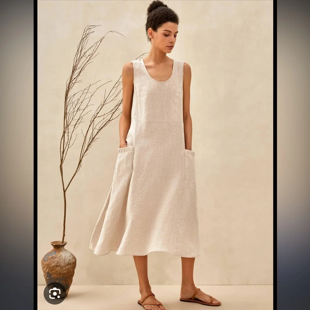 Sleeveless Midi Linen-Blend Dress in Natural Beige - Picture 1 of 6
